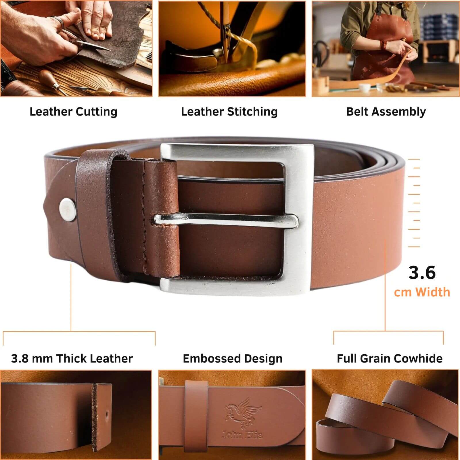 Brown leather belt with silver buckle, shown in various stages of production and features.