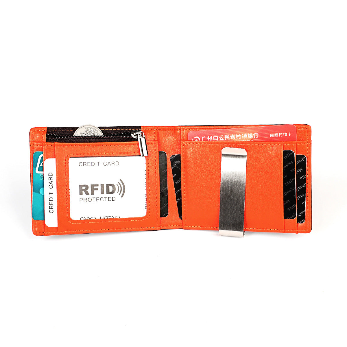 Orange wallet with card slots and an RFID protected feature on a white background