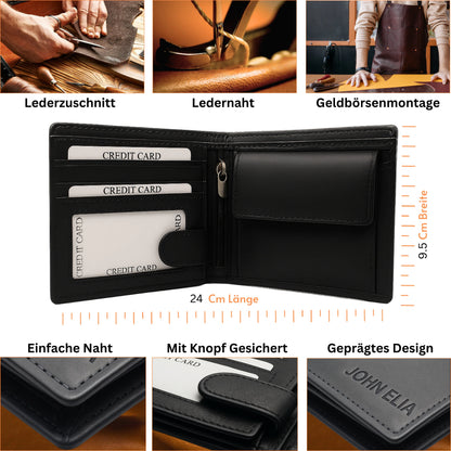 Black leather wallet with card slots, surrounded by images of leatherworking processes and product details.