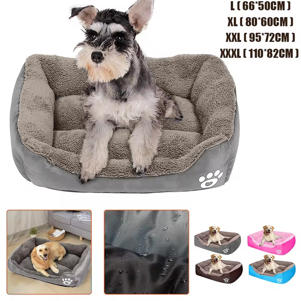 Dog sitting on a gray pet bed with size chart and additional images of the bed.