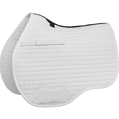 White quilted saddle pad with black trim on a white background