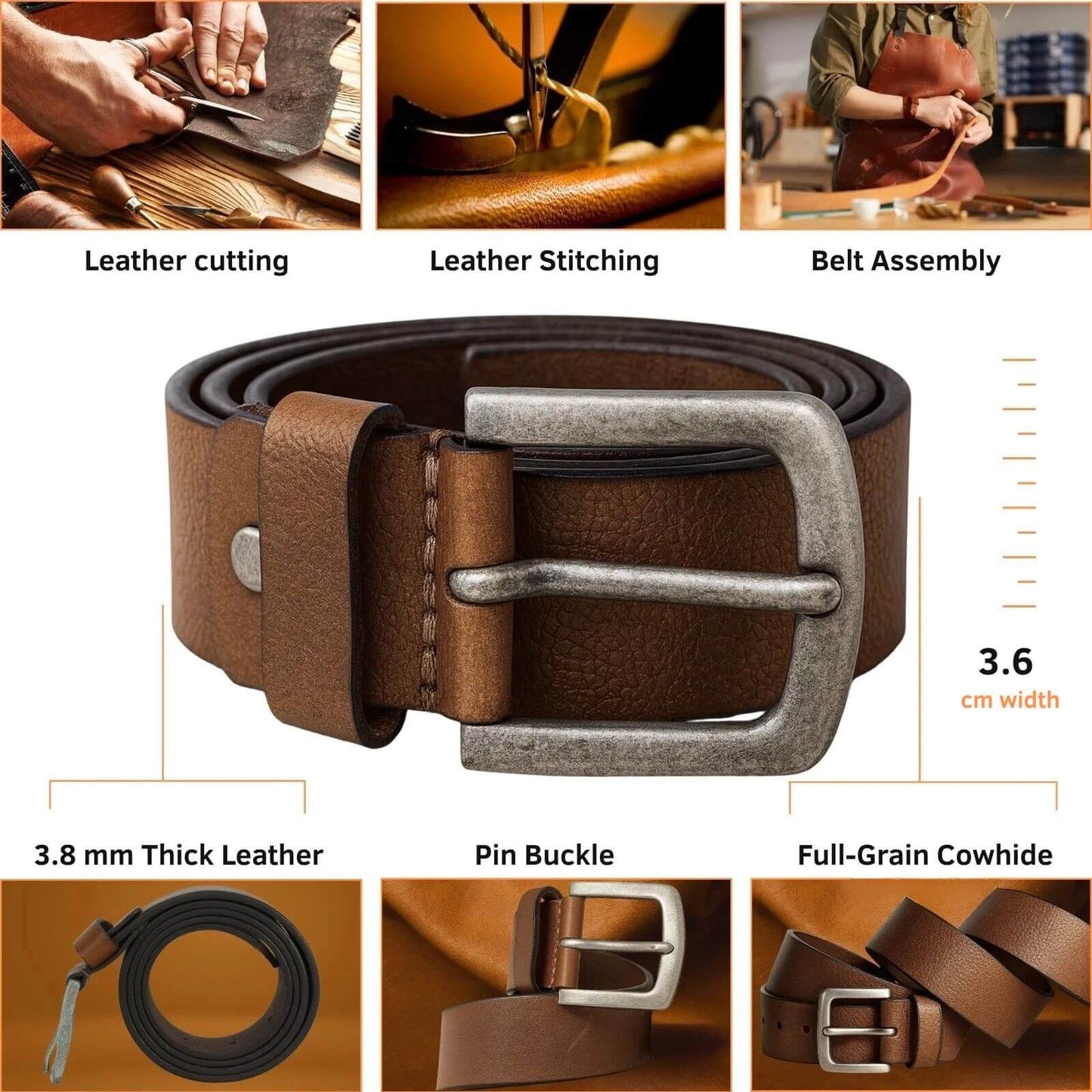 Brown leather belt with silver buckle, shown with assembly steps and product details.