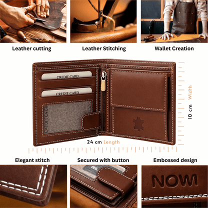 Brown leather wallet with card slots, stitching details, and measurement chart on a white background.