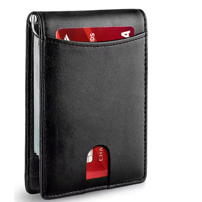 Black RFID slim money clip wallet with front quick-access card slot and visible card.