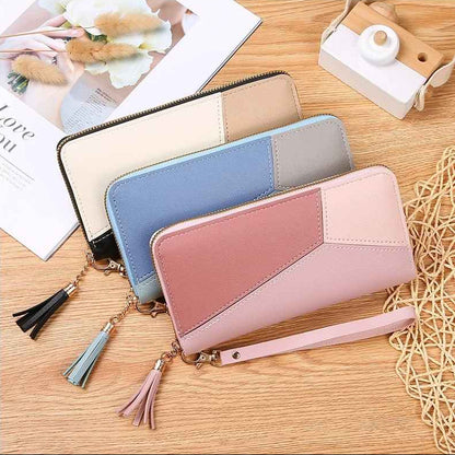 Women's patchwork zip wallet large size available in pink, black, and blue